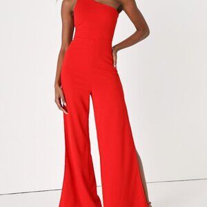 Lulus Sultry Icon Red One-shoulder Backless Wide-leg Jumpsuit - Size M